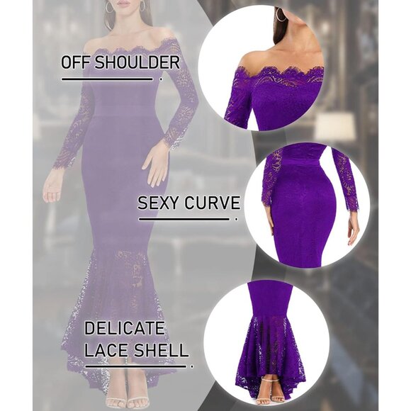 Women's Purple Floral Lace Long Sleeve Off Shoulder Wedding Mermaid Dress - Picture 5 of 6